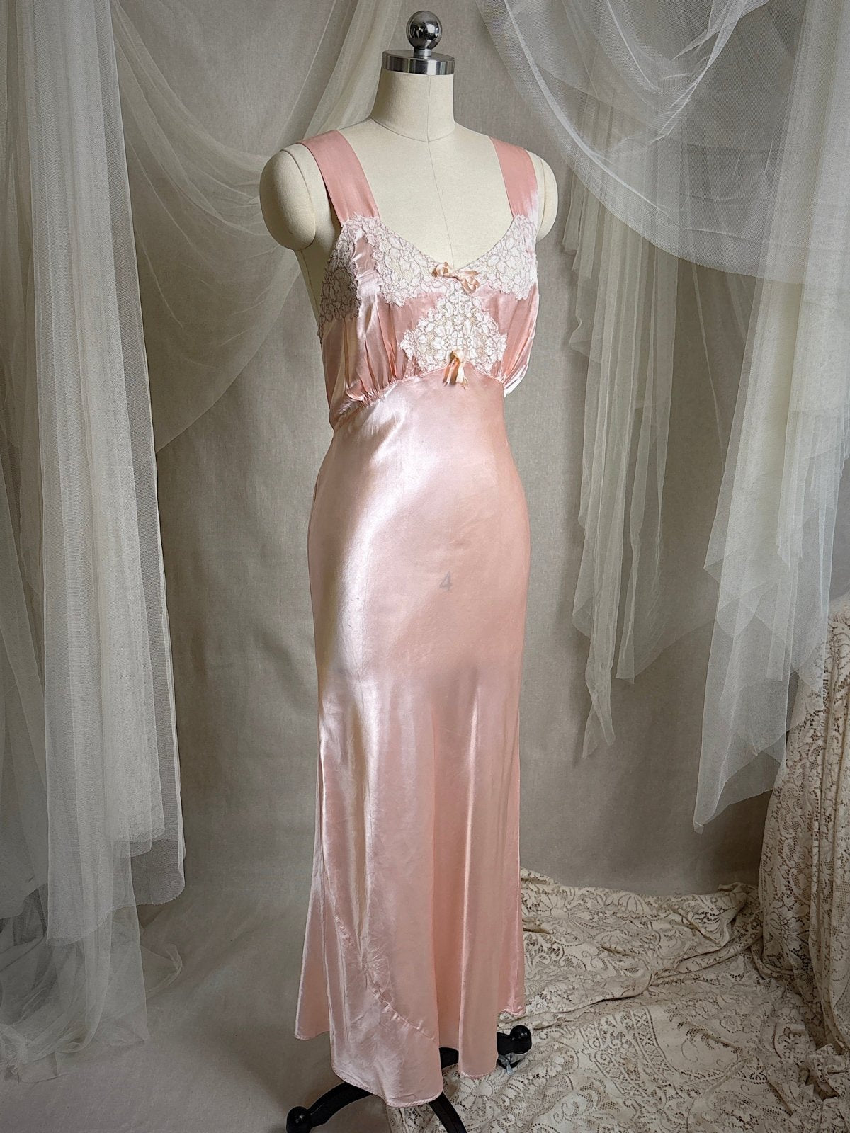 Vintage 1940's Nightgown - Rose Pink Rayon Satin with Nude Cotton Lace Appliqués & Geo Stitch back | XS - Daggers & Dames