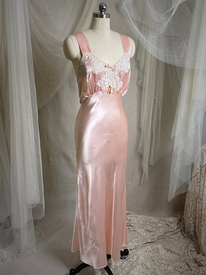 Vintage 1940's Nightgown - Rose Pink Rayon Satin with Nude Cotton Lace Appliqués & Geo Stitch back | XS - Daggers & Dames