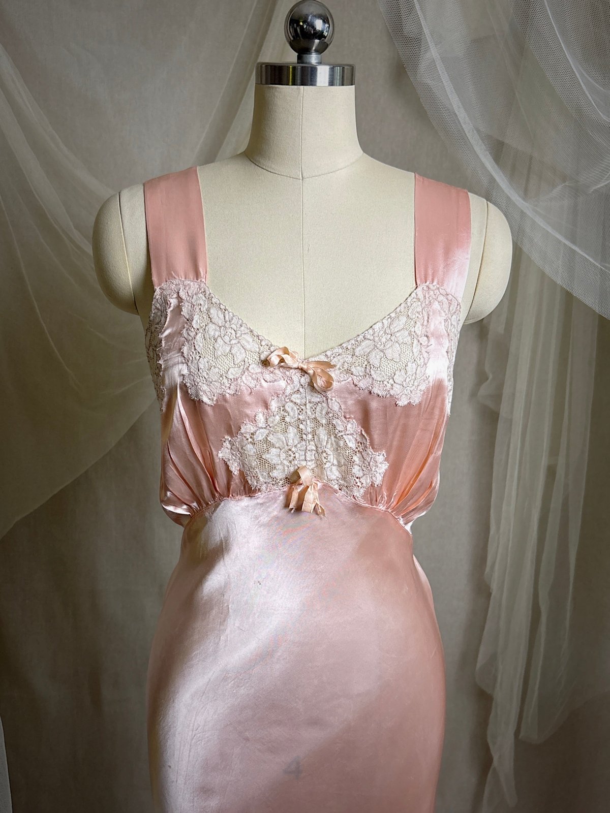 Vintage 1940's Nightgown - Rose Pink Rayon Satin with Nude Cotton Lace Appliqués & Geo Stitch back | XS - Daggers & Dames