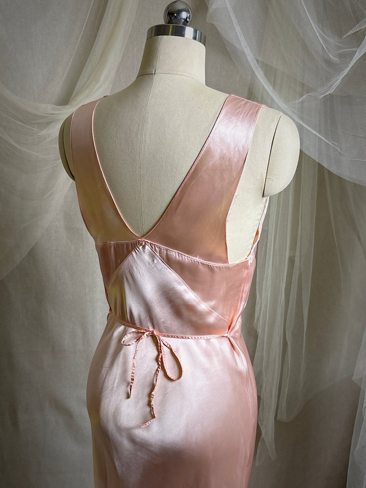 Vintage 1940's Nightgown - Rose Pink Rayon Satin with Nude Cotton Lace Appliqués & Geo Stitch back | XS - Daggers & Dames