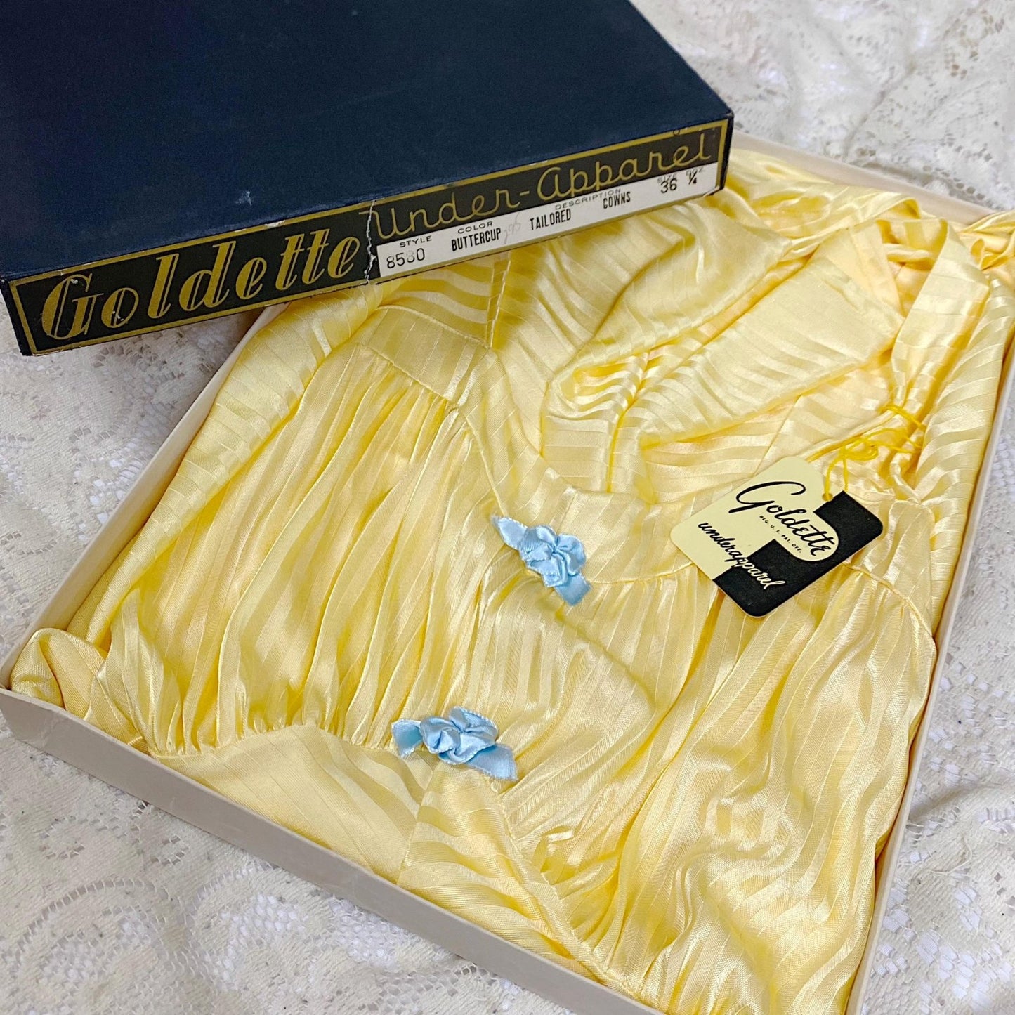 Vintage 1940's Nightgown - Semi - Sheer Buttercup Yellow Rayon Knit with Satin Stripe Brocade Pattern - Size S, M - By Goldette, New with Tags - Daggers & Dames