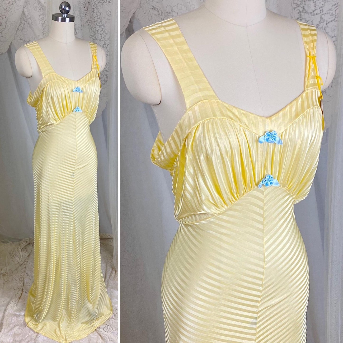Vintage 1940's Nightgown - Semi - Sheer Buttercup Yellow Rayon Knit with Satin Stripe Brocade Pattern - Size S, M - By Goldette, New with Tags - Daggers & Dames