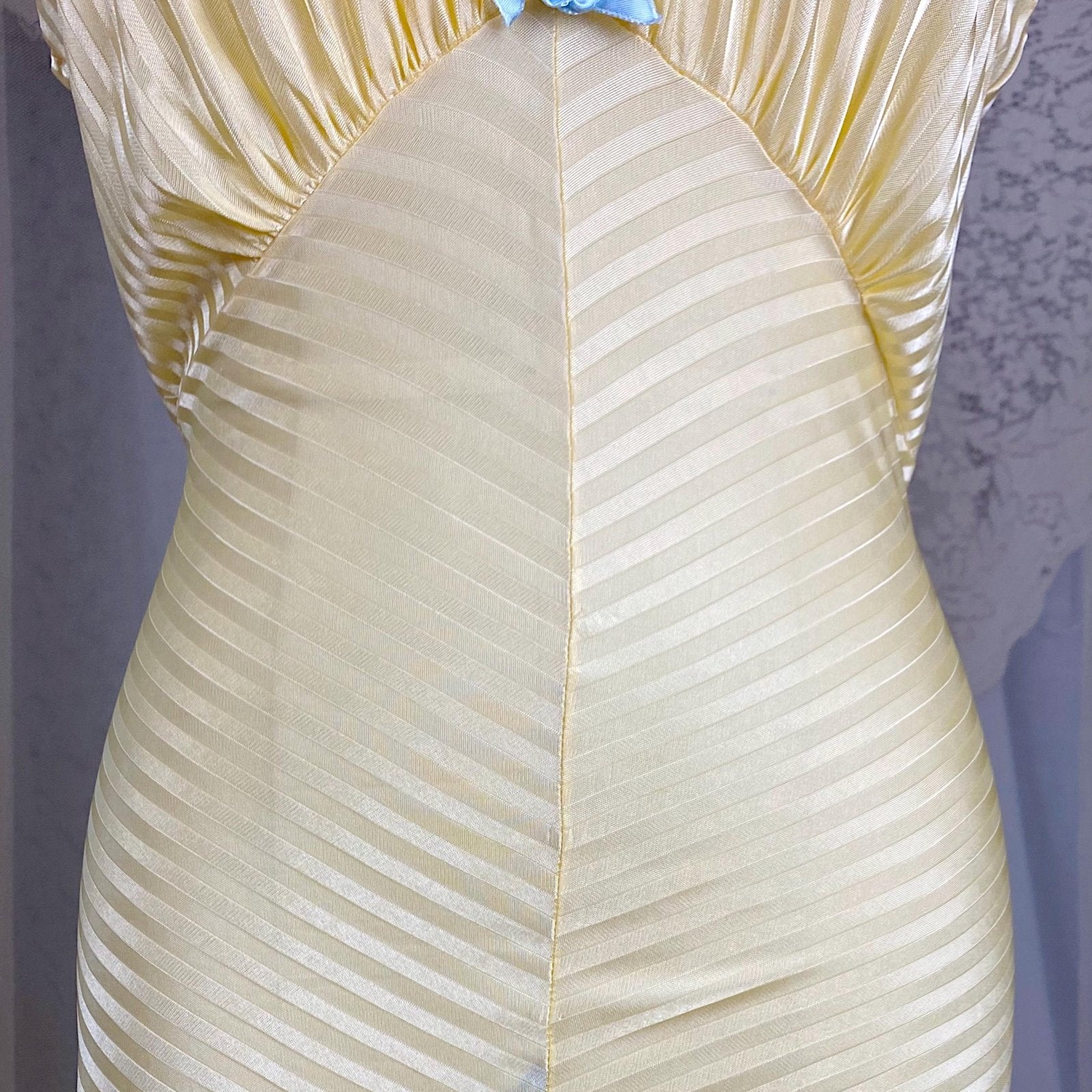 Vintage 1940's Nightgown - Semi - Sheer Buttercup Yellow Rayon Knit with Satin Stripe Brocade Pattern - Size S, M - By Goldette, New with Tags - Daggers & Dames
