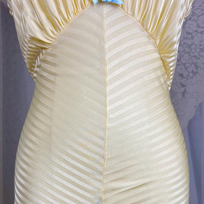 Vintage 1940's Nightgown - Semi - Sheer Buttercup Yellow Rayon Knit with Satin Stripe Brocade Pattern - Size S, M - By Goldette, New with Tags - Daggers & Dames