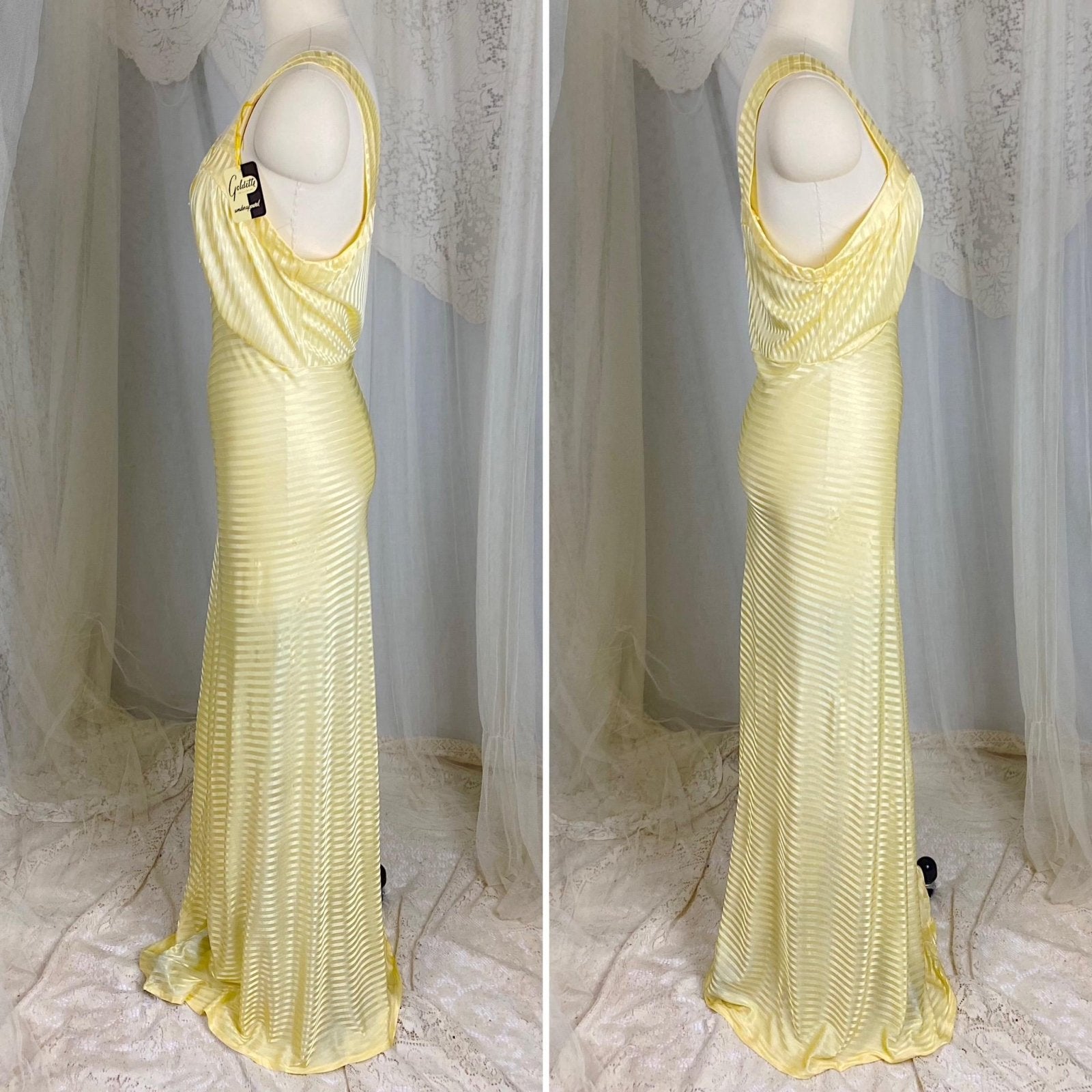 Vintage 1940's Nightgown - Semi - Sheer Buttercup Yellow Rayon Knit with Satin Stripe Brocade Pattern - Size S, M - By Goldette, New with Tags - Daggers & Dames
