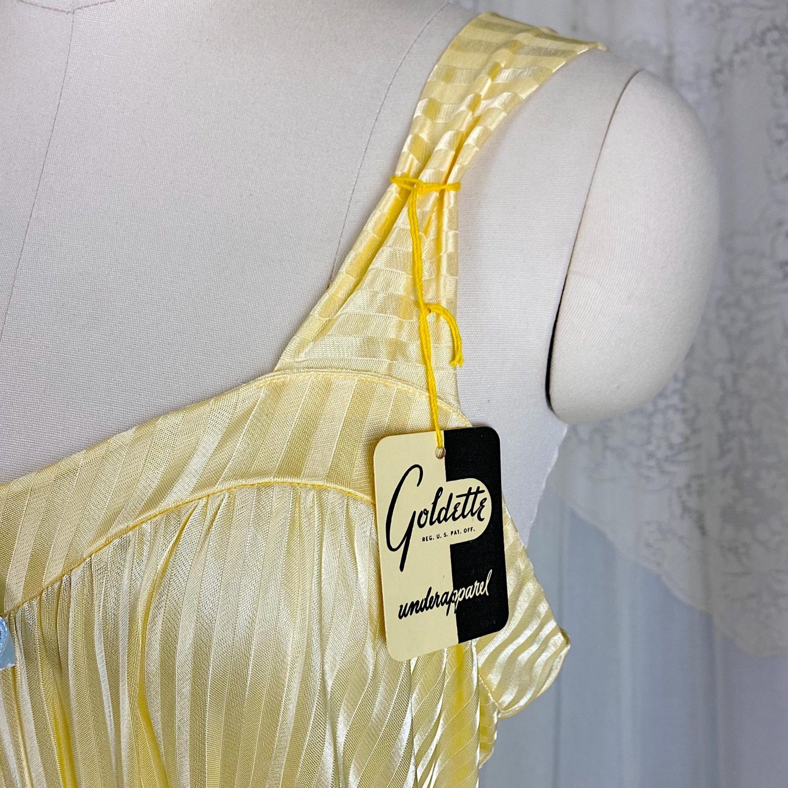 Vintage 1940's Nightgown - Semi - Sheer Buttercup Yellow Rayon Knit with Satin Stripe Brocade Pattern - Size S, M - By Goldette, New with Tags - Daggers & Dames