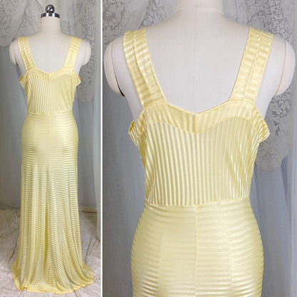 Vintage 1940's Nightgown - Semi - Sheer Buttercup Yellow Rayon Knit with Satin Stripe Brocade Pattern - Size S, M - By Goldette, New with Tags - Daggers & Dames