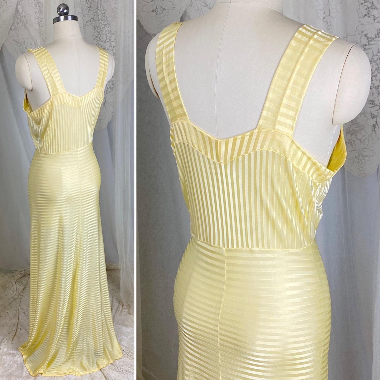 Vintage 1940's Nightgown - Semi - Sheer Buttercup Yellow Rayon Knit with Satin Stripe Brocade Pattern - Size S, M - By Goldette, New with Tags - Daggers & Dames