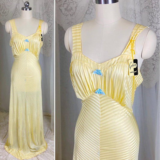 Vintage 1940's Nightgown - Semi - Sheer Buttercup Yellow Rayon Knit with Satin Stripe Brocade Pattern - Size S, M - By Goldette, New with Tags - Daggers & Dames