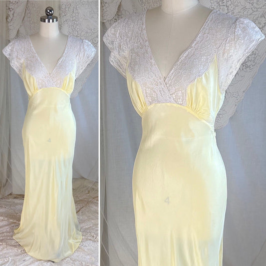 Vintage 1940's Nightgown - Semi - Sheer Buttercup Yellow Rayon with Ivory Cotton Lace - by Superfit - Daggers & Dames