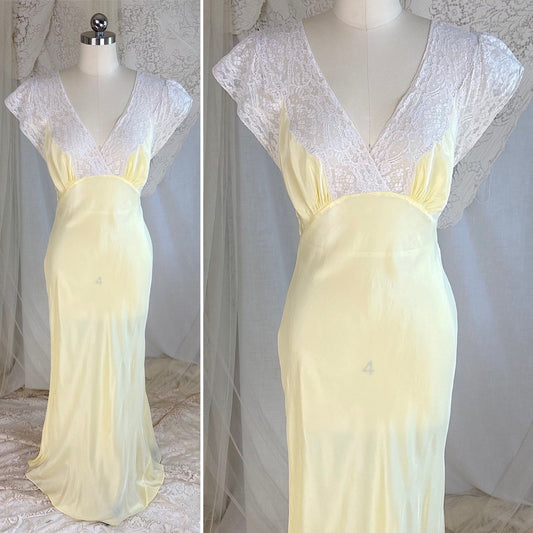 Vintage 1940's Nightgown - Semi - Sheer Buttercup Yellow Rayon with Ivory Cotton Lace - by Superfit - Daggers & Dames