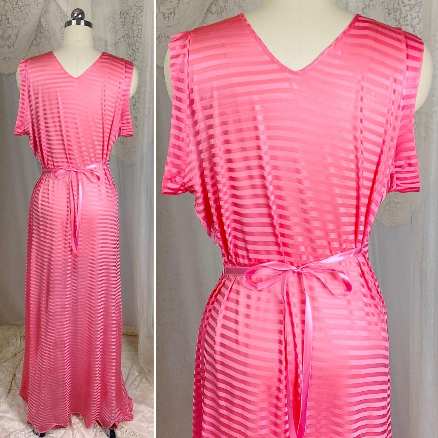 Vintage 1940's Nightgown - Semi - Sheer Coral Pink Rayon Knit with Satin Trique Stripe Brocade Pattern - Size M, LG - Lorraine, New with Tags - Daggers & Dames