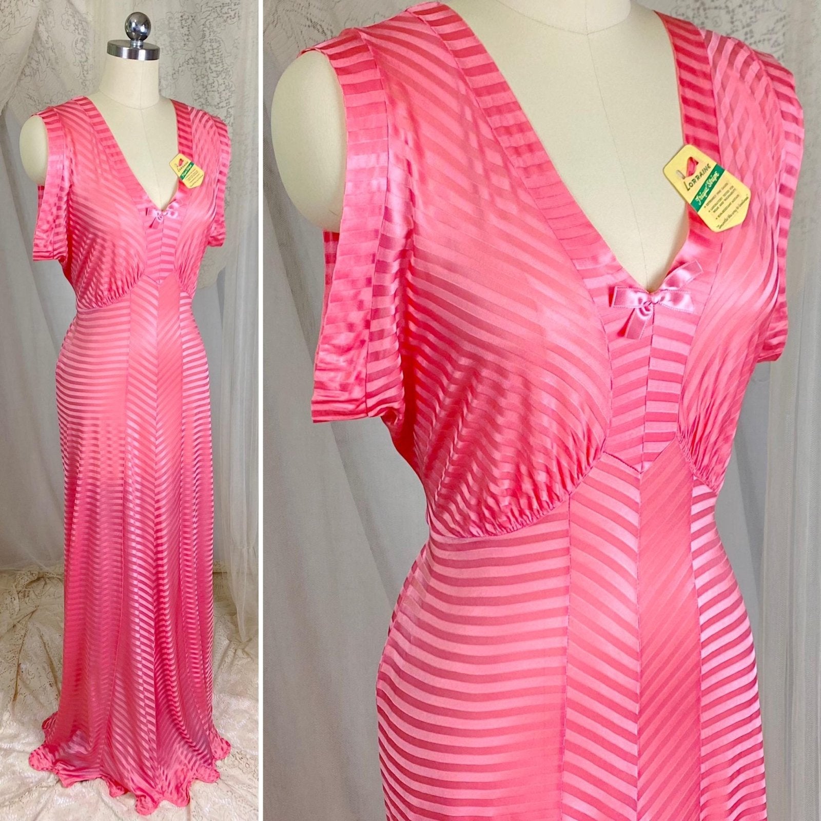 Vintage 1940's Nightgown - Semi - Sheer Coral Pink Rayon Knit with Satin Trique Stripe Brocade Pattern - Size M, LG - Lorraine, New with Tags - Daggers & Dames