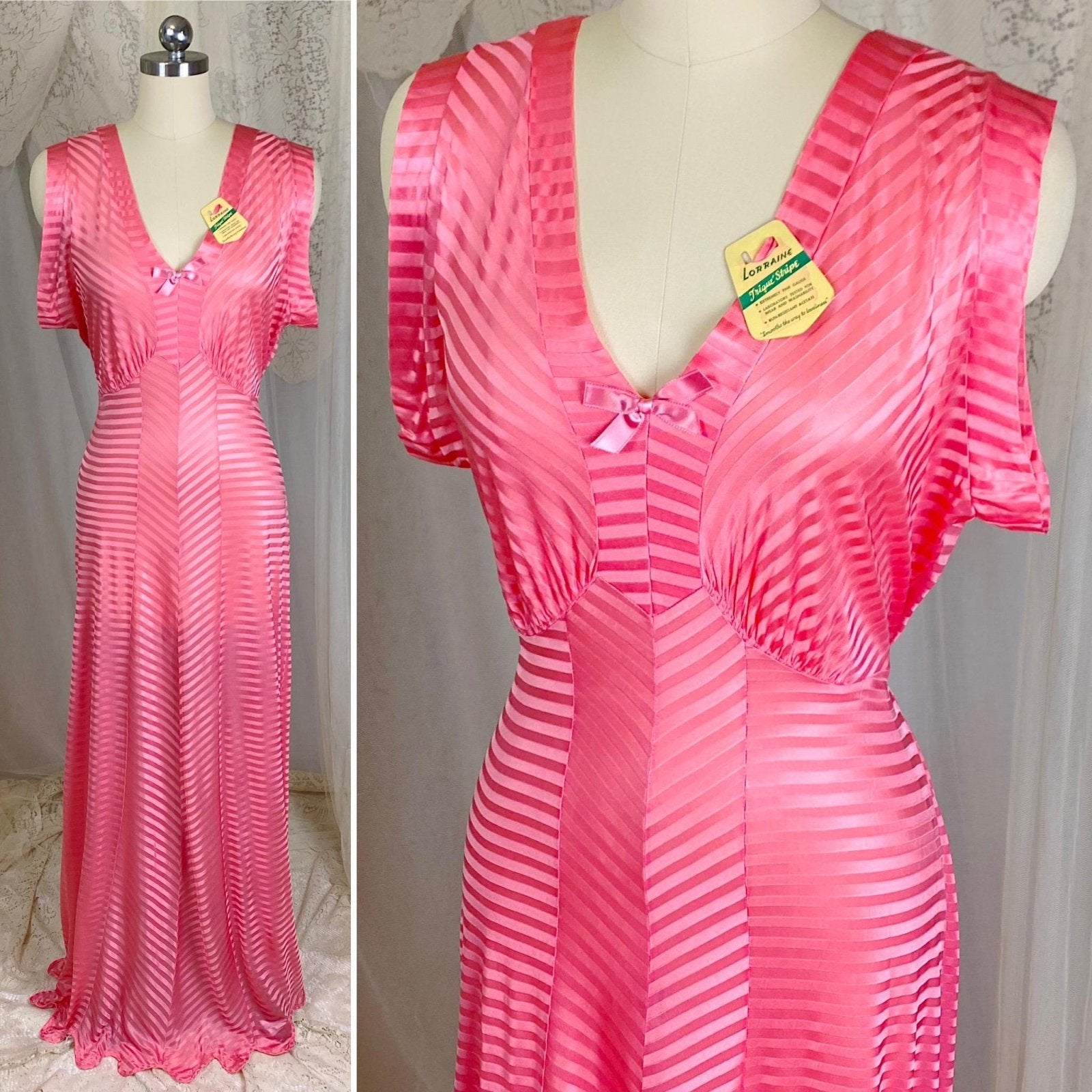 Vintage 1940's Nightgown - Semi - Sheer Coral Pink Rayon Knit with Satin Trique Stripe Brocade Pattern - Size M, LG - Lorraine, New with Tags - Daggers & Dames