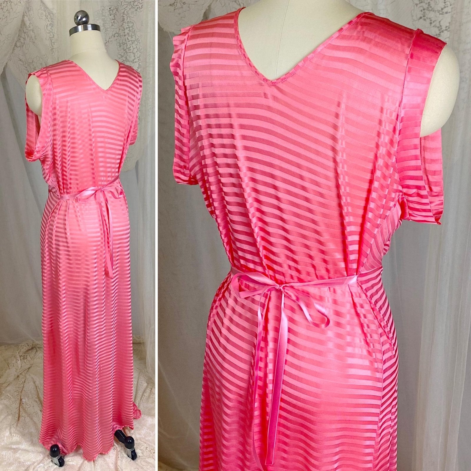 Vintage 1940's Nightgown - Semi - Sheer Coral Pink Rayon Knit with Satin Trique Stripe Brocade Pattern - Size M, LG - Lorraine, New with Tags - Daggers & Dames