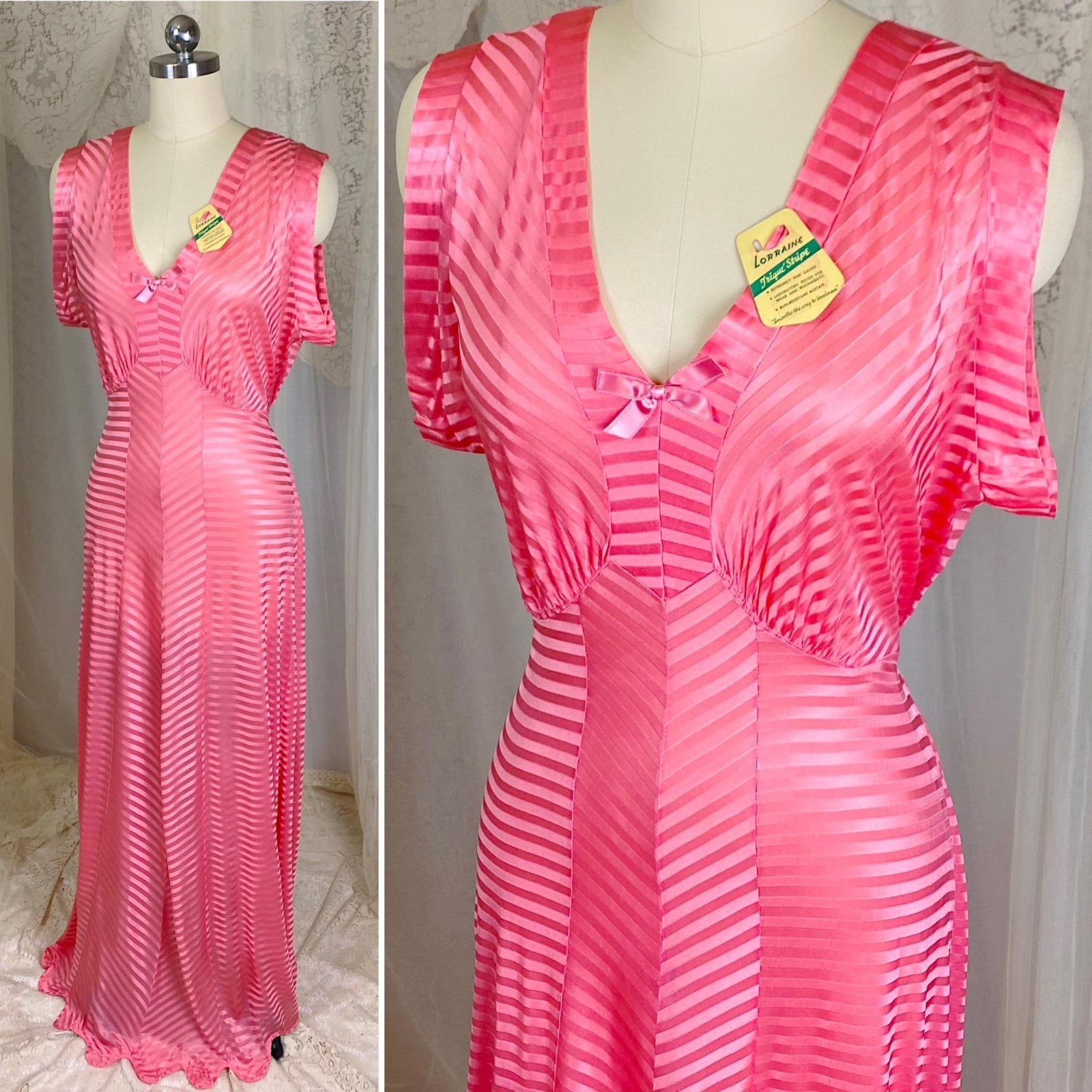 Vintage 1940's Nightgown - Semi - Sheer Coral Pink Rayon Knit with Satin Trique Stripe Brocade Pattern - Size M, LG - Lorraine, New with Tags - Daggers & Dames