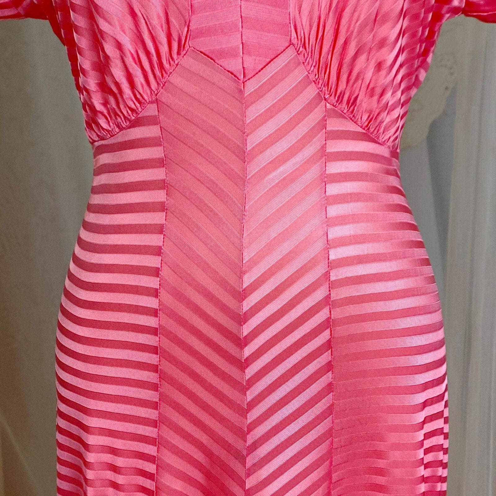 Vintage 1940's Nightgown - Semi - Sheer Coral Pink Rayon Knit with Satin Trique Stripe Brocade Pattern - Size M, LG - Lorraine, New with Tags - Daggers & Dames