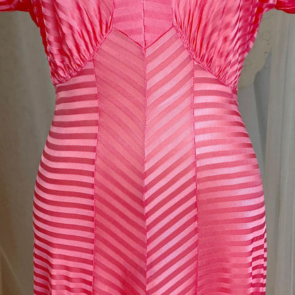 Vintage 1940's Nightgown - Semi - Sheer Coral Pink Rayon Knit with Satin Trique Stripe Brocade Pattern - Size M, LG - Lorraine, New with Tags - Daggers & Dames