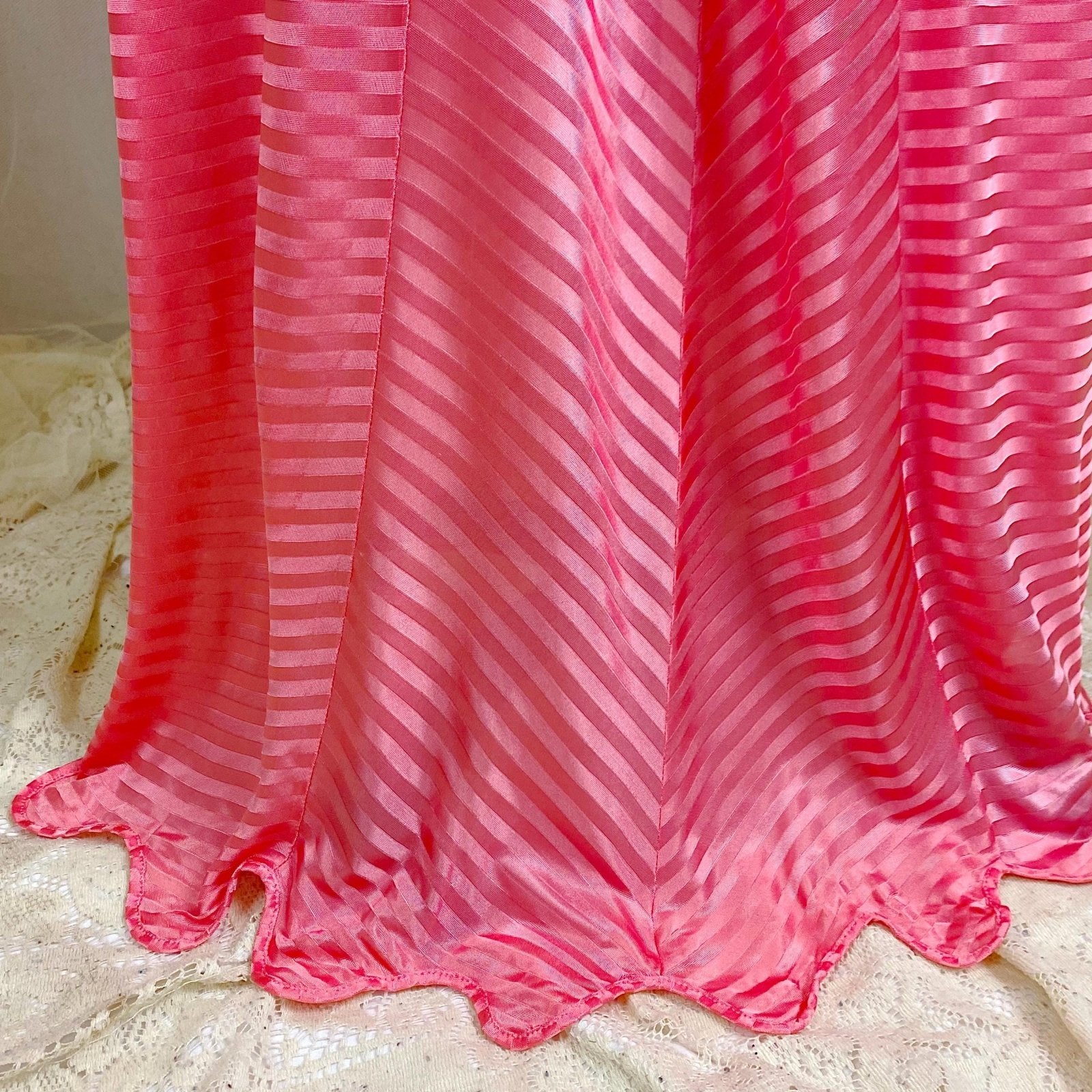 Vintage 1940's Nightgown - Semi - Sheer Coral Pink Rayon Knit with Satin Trique Stripe Brocade Pattern - Size M, LG - Lorraine, New with Tags - Daggers & Dames