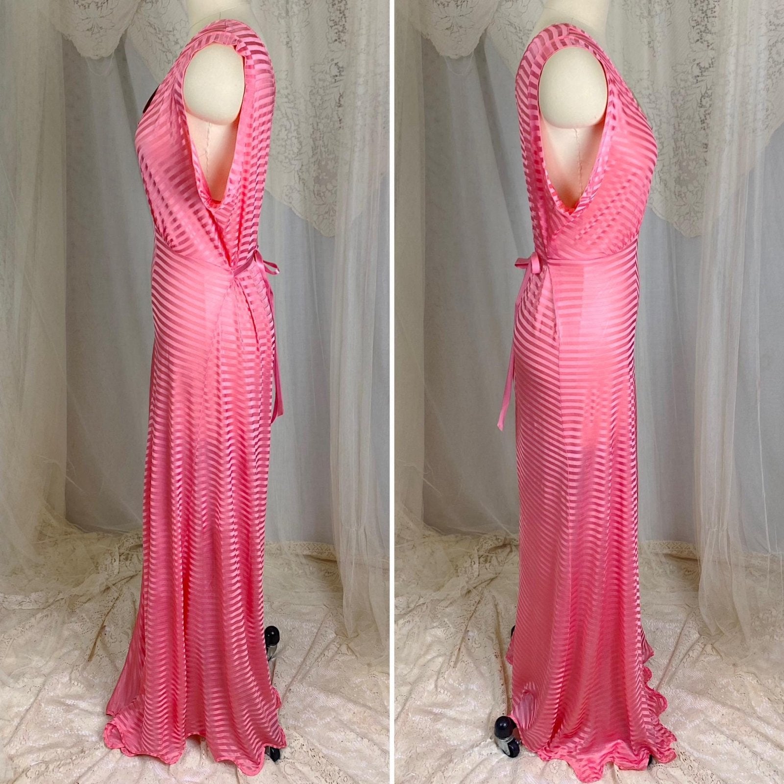 Vintage 1940's Nightgown - Semi - Sheer Coral Pink Rayon Knit with Satin Trique Stripe Brocade Pattern - Size M, LG - Lorraine, New with Tags - Daggers & Dames