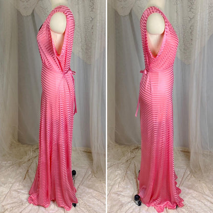 Vintage 1940's Nightgown - Semi - Sheer Coral Pink Rayon Knit with Satin Trique Stripe Brocade Pattern - Size M, LG - Lorraine, New with Tags - Daggers & Dames