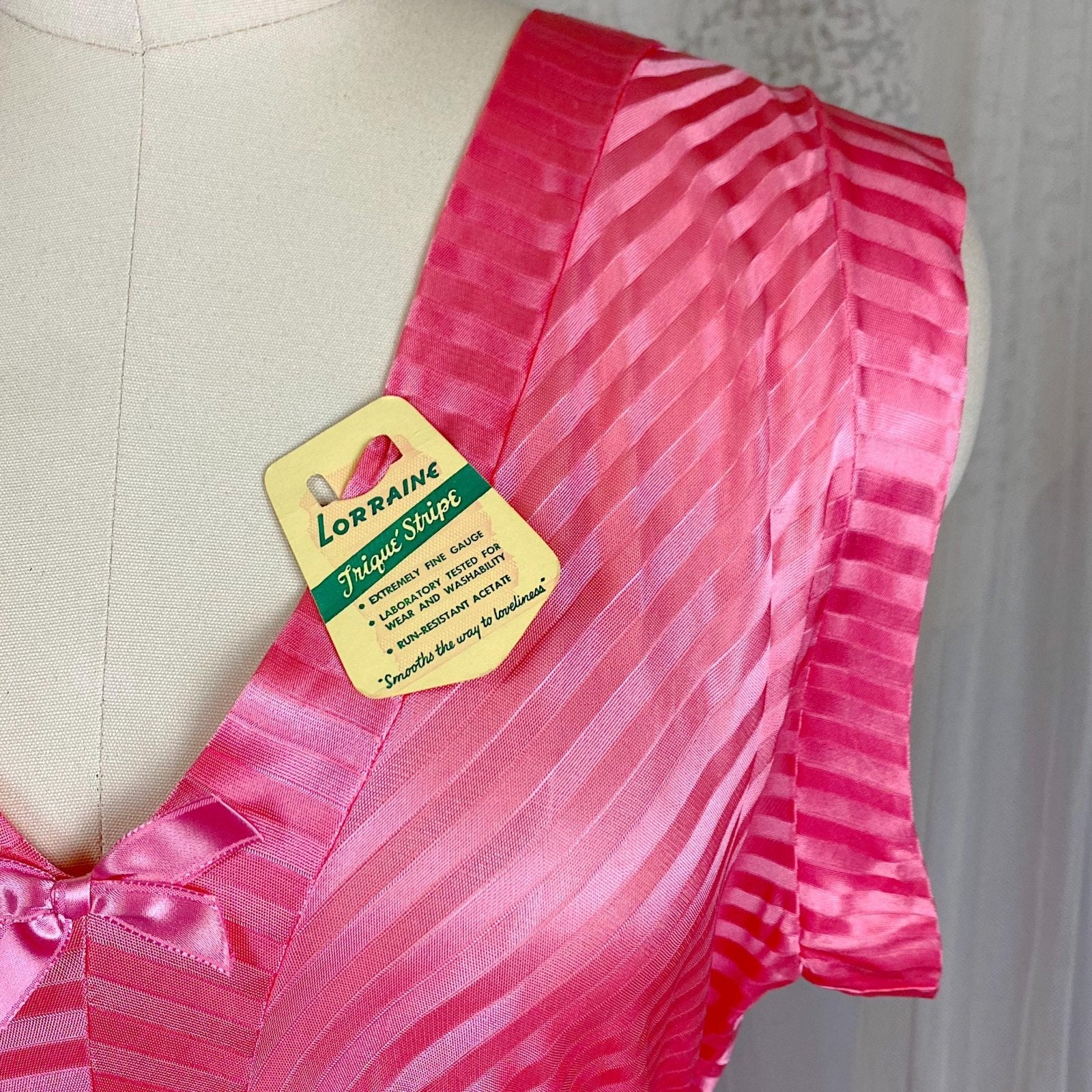 Vintage 1940's Nightgown - Semi - Sheer Coral Pink Rayon Knit with Satin Trique Stripe Brocade Pattern - Size M, LG - Lorraine, New with Tags - Daggers & Dames