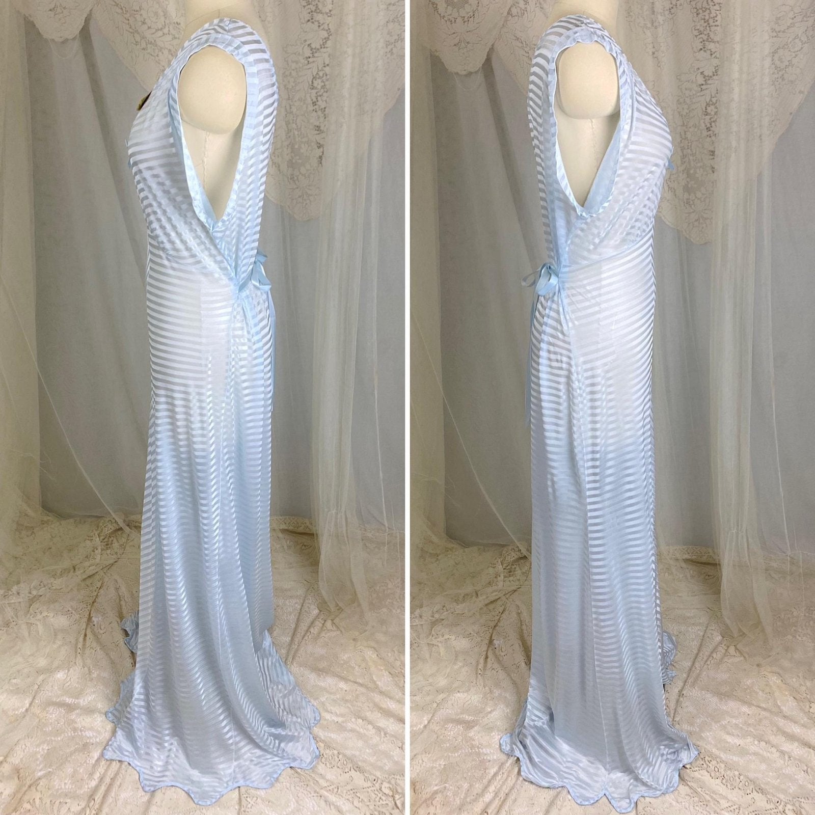 Vintage 1940's Nightgown - Semi - Sheer Pale Blue Rayon Knit with Satin Trique Stripe Brocade Pattern - Size M, LG - Lorraine, New with Tags - Daggers & Dames