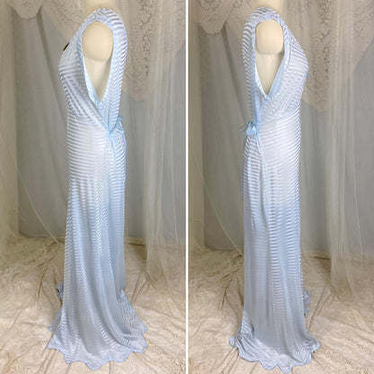 Vintage 1940's Nightgown - Semi - Sheer Pale Blue Rayon Knit with Satin Trique Stripe Brocade Pattern - Size M, LG - Lorraine, New with Tags - Daggers & Dames