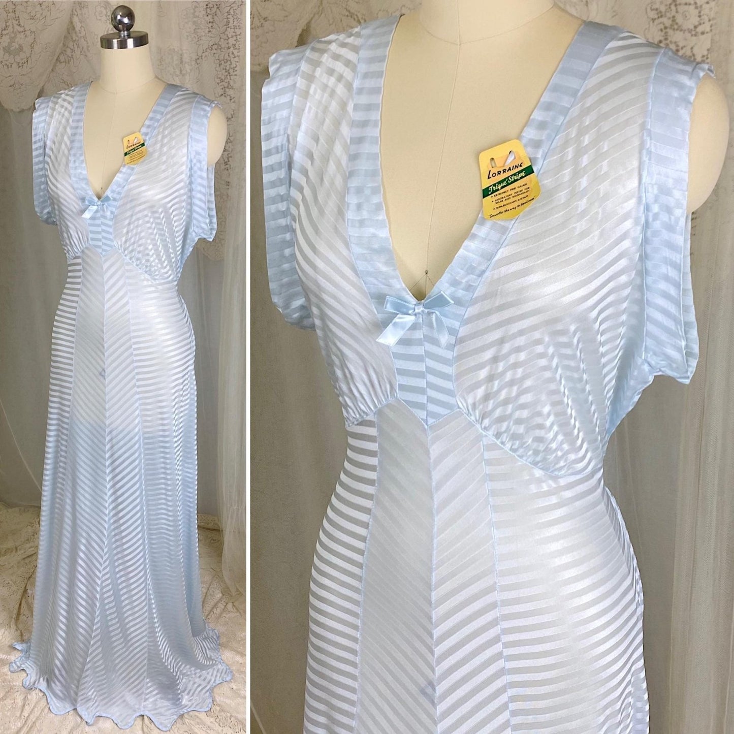 Vintage 1940's Nightgown - Semi - Sheer Pale Blue Rayon Knit with Satin Trique Stripe Brocade Pattern - Size M, LG - Lorraine, New with Tags - Daggers & Dames