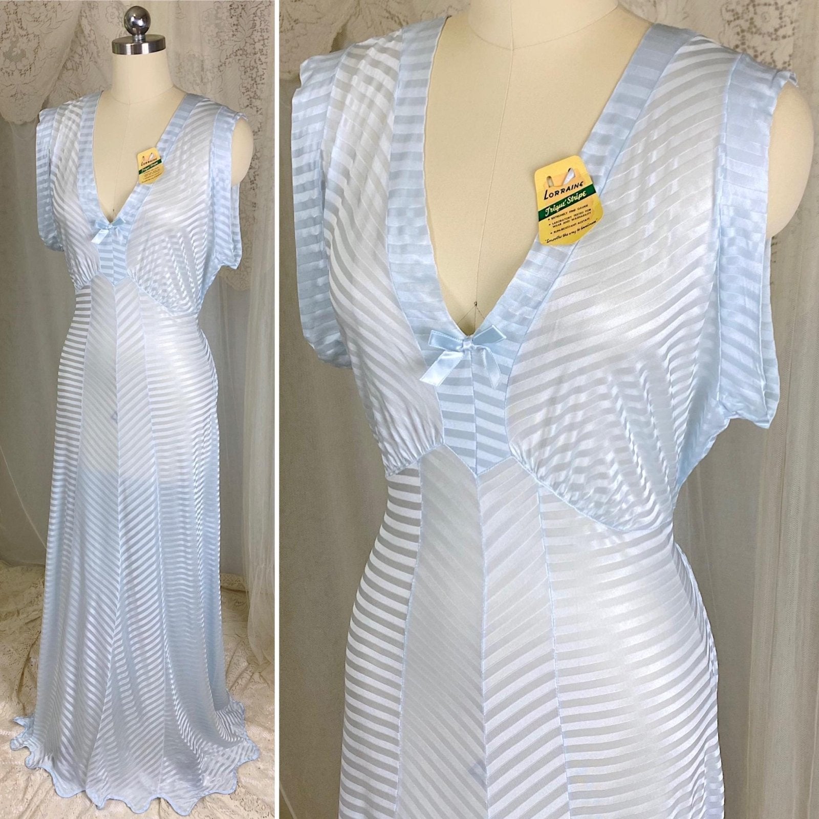 Vintage 1940's Nightgown - Semi - Sheer Pale Blue Rayon Knit with Satin Trique Stripe Brocade Pattern - Size M, LG - Lorraine, New with Tags - Daggers & Dames