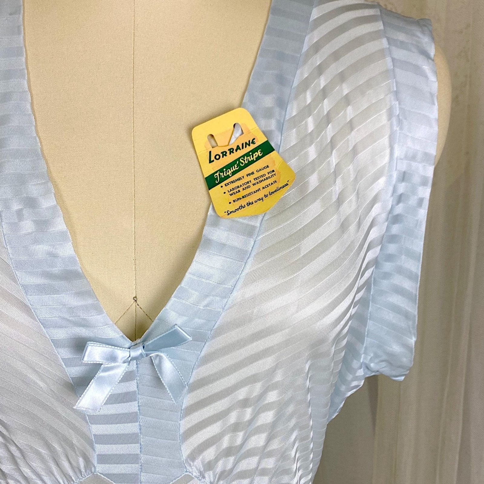 Vintage 1940's Nightgown - Semi - Sheer Pale Blue Rayon Knit with Satin Trique Stripe Brocade Pattern - Size M, LG - Lorraine, New with Tags - Daggers & Dames