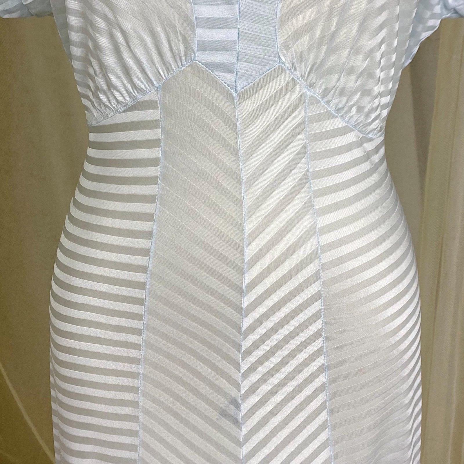 Vintage 1940's Nightgown - Semi - Sheer Pale Blue Rayon Knit with Satin Trique Stripe Brocade Pattern - Size M, LG - Lorraine, New with Tags - Daggers & Dames