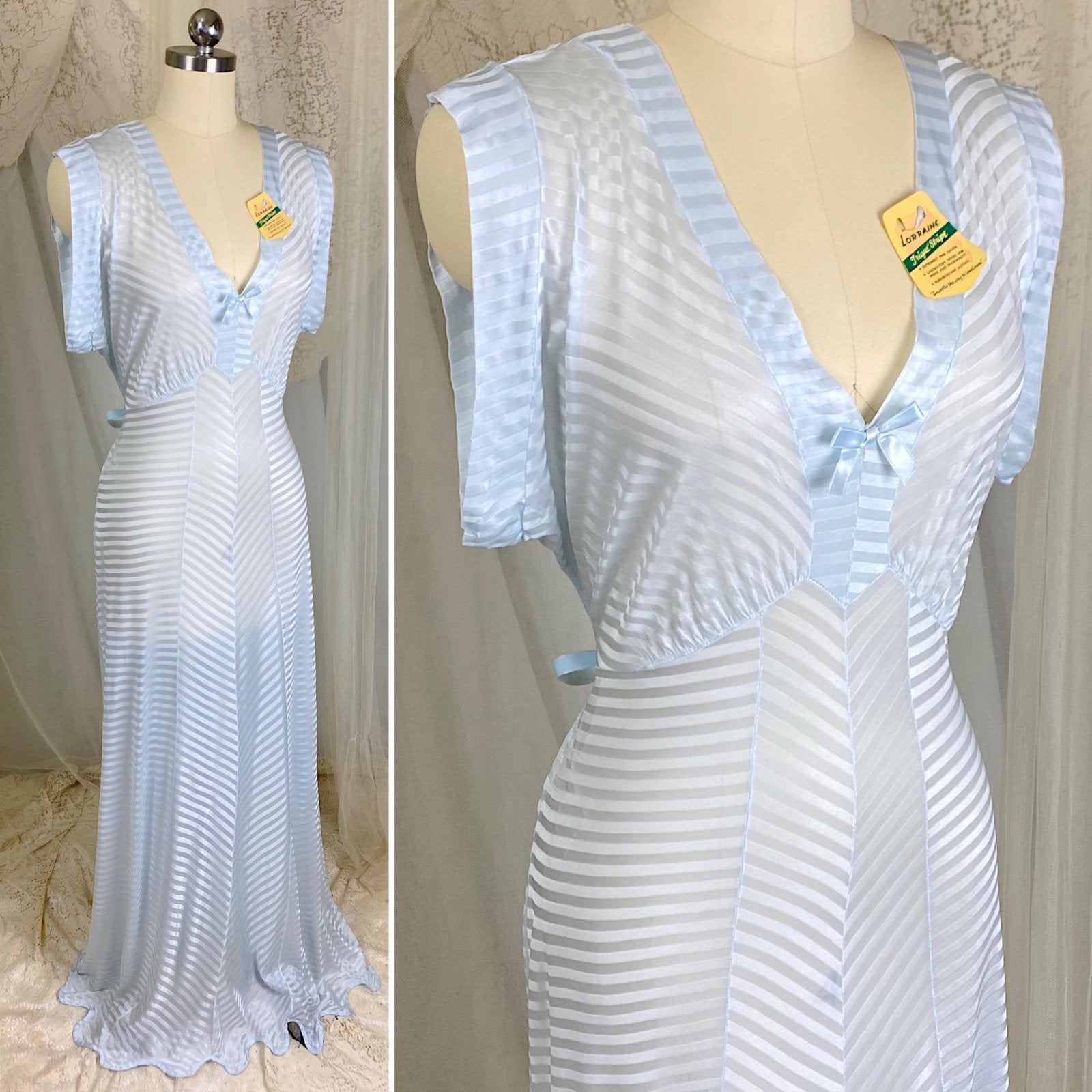 Vintage 1940's Nightgown - Semi - Sheer Pale Blue Rayon Knit with Satin Trique Stripe Brocade Pattern - Size M, LG - Lorraine, New with Tags - Daggers & Dames