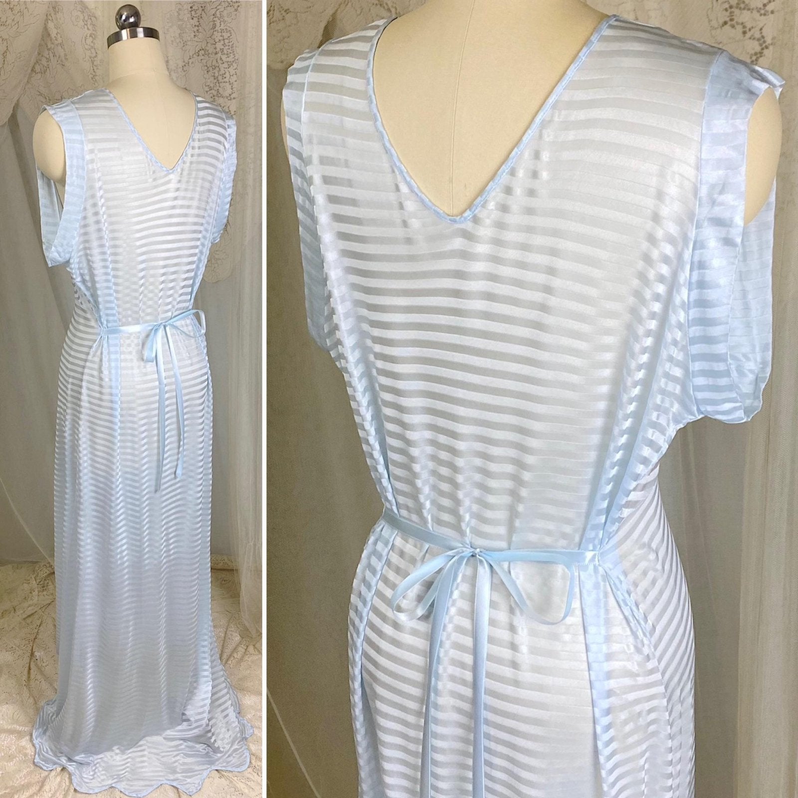 Vintage 1940's Nightgown - Semi - Sheer Pale Blue Rayon Knit with Satin Trique Stripe Brocade Pattern - Size M, LG - Lorraine, New with Tags - Daggers & Dames