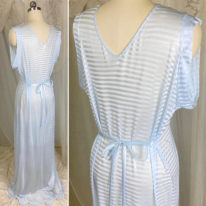 Vintage 1940's Nightgown - Semi - Sheer Pale Blue Rayon Knit with Satin Trique Stripe Brocade Pattern - Size M, LG - Lorraine, New with Tags - Daggers & Dames