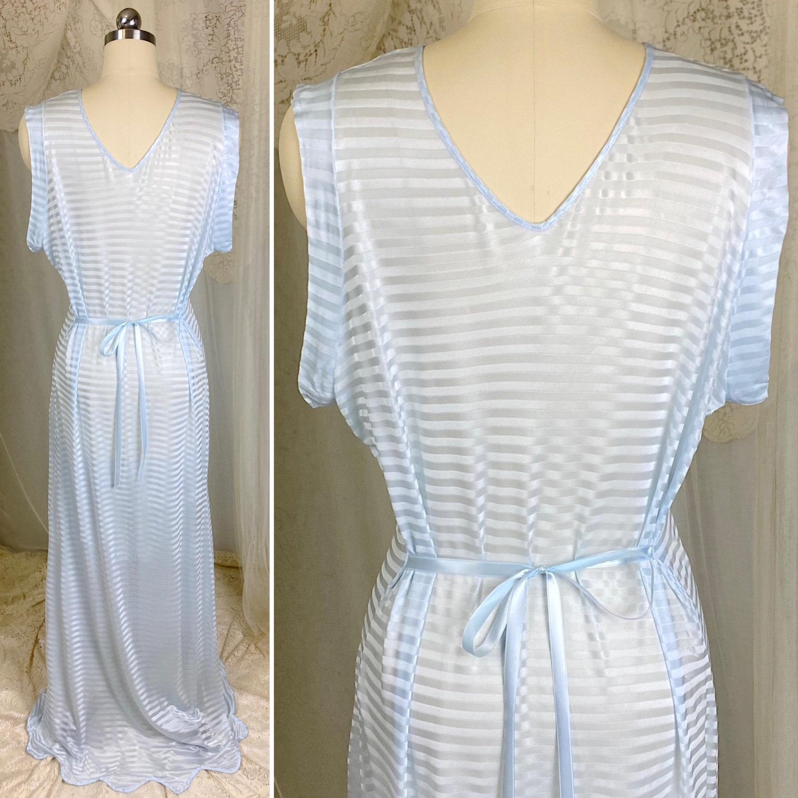 Vintage 1940's Nightgown - Semi - Sheer Pale Blue Rayon Knit with Satin Trique Stripe Brocade Pattern - Size M, LG - Lorraine, New with Tags - Daggers & Dames