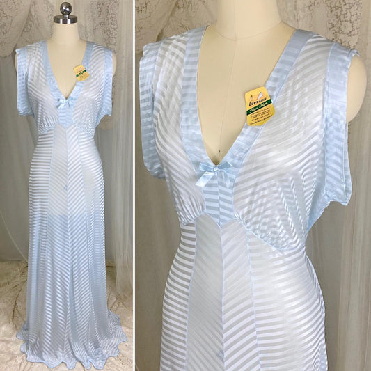 Vintage 1940's Nightgown - Semi - Sheer Pale Blue Rayon Knit with Satin Trique Stripe Brocade Pattern - Size M, LG - Lorraine, New with Tags - Daggers & Dames