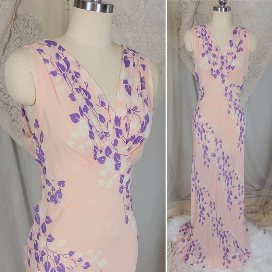 Vintage 1940's Nightgown - Sheer Baby Pink Rayon Chiffon with Violet & White Vine Print | XS, Small, Medium - Daggers & Dames