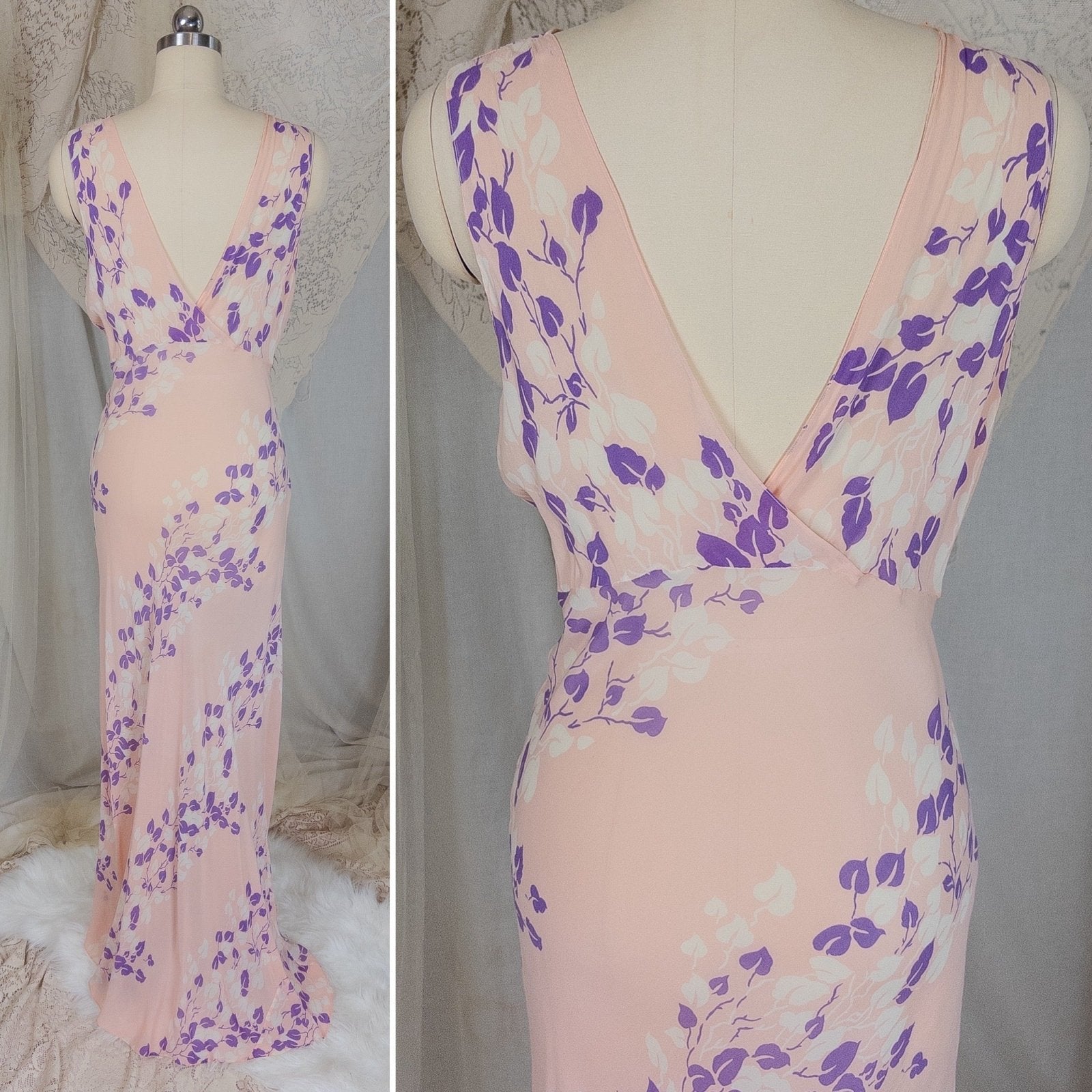Vintage 1940's Nightgown - Sheer Baby Pink Rayon Chiffon with Violet & White Vine Print | XS, Small, Medium - Daggers & Dames