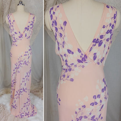 Vintage 1940's Nightgown - Sheer Baby Pink Rayon Chiffon with Violet & White Vine Print | XS, Small, Medium - Daggers & Dames