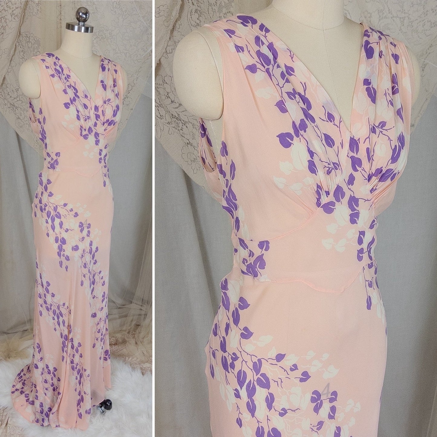 Vintage 1940's Nightgown - Sheer Baby Pink Rayon Chiffon with Violet & White Vine Print | XS, Small, Medium - Daggers & Dames