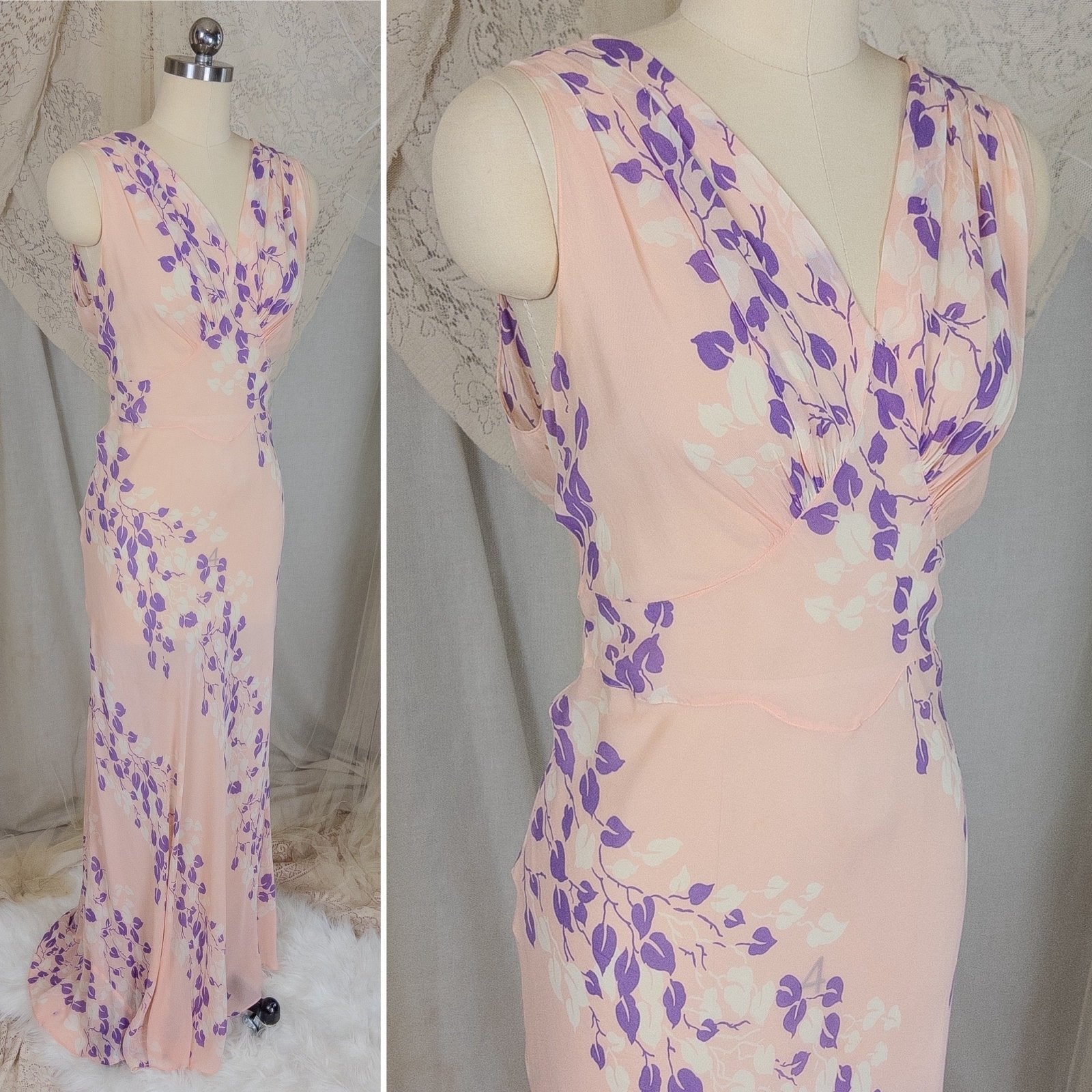 Vintage 1940's Nightgown - Sheer Baby Pink Rayon Chiffon with Violet & White Vine Print | XS, Small, Medium - Daggers & Dames