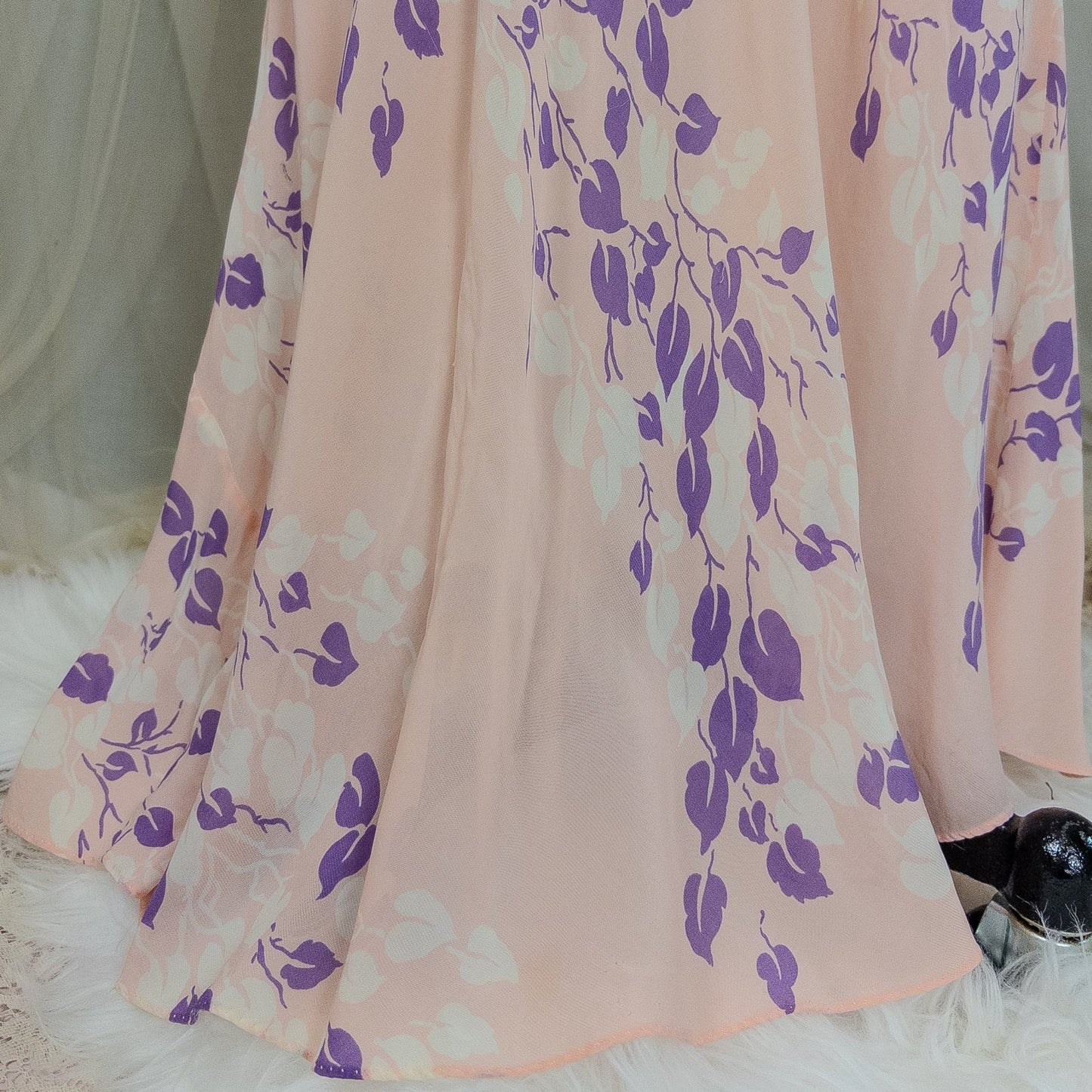 Vintage 1940's Nightgown - Sheer Baby Pink Rayon Chiffon with Violet & White Vine Print | XS, Small, Medium - Daggers & Dames