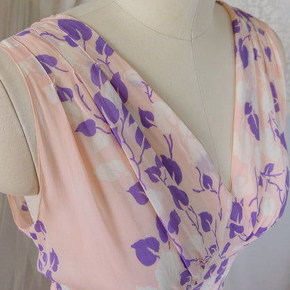 Vintage 1940's Nightgown - Sheer Baby Pink Rayon Chiffon with Violet & White Vine Print | XS, Small, Medium - Daggers & Dames