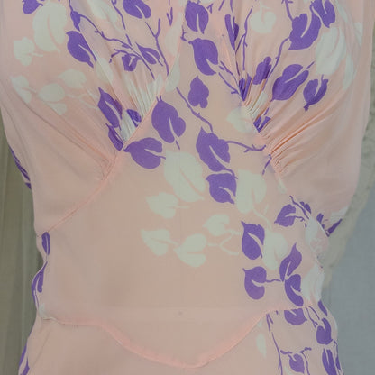 Vintage 1940's Nightgown - Sheer Baby Pink Rayon Chiffon with Violet & White Vine Print | XS, Small, Medium - Daggers & Dames