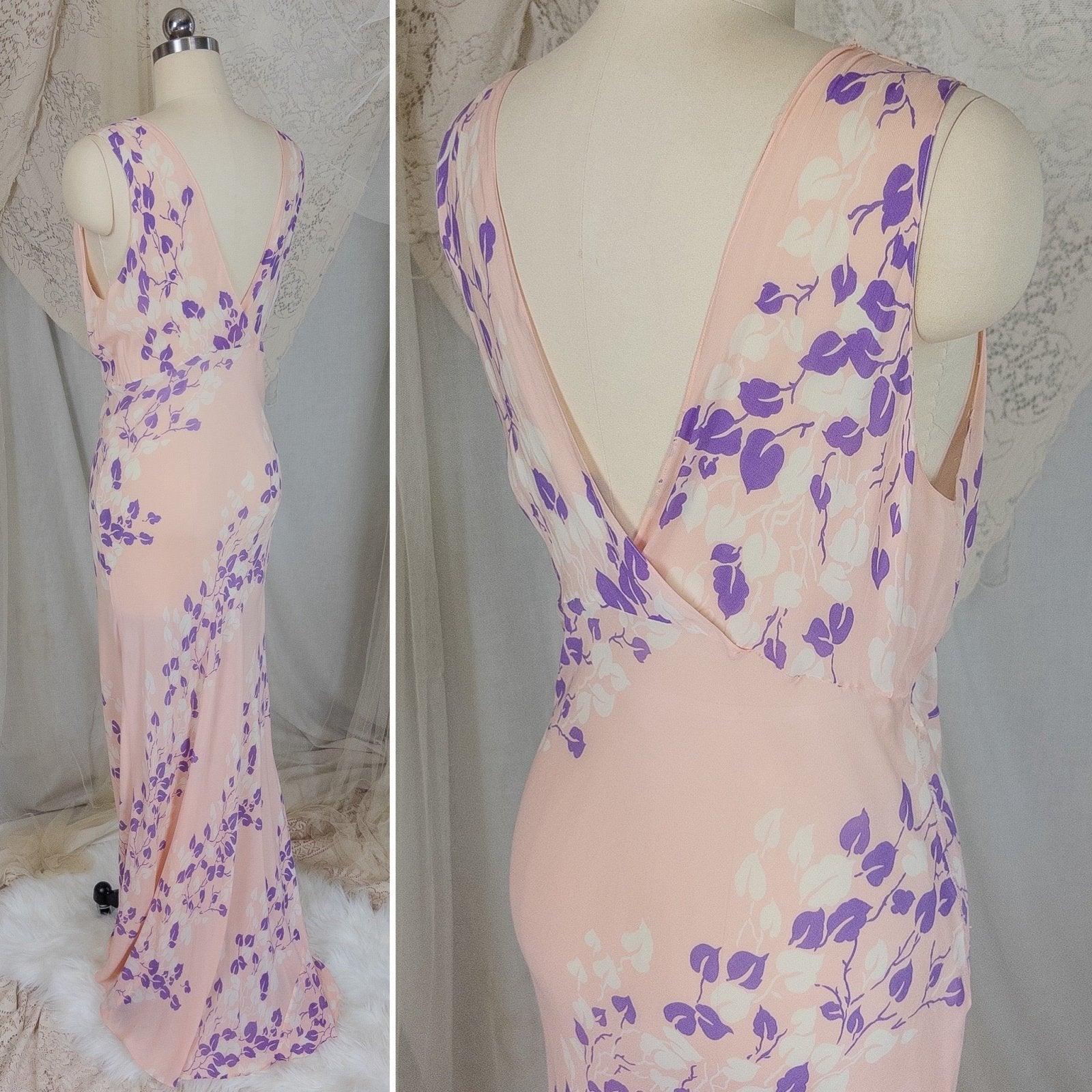 Vintage 1940's Nightgown - Sheer Baby Pink Rayon Chiffon with Violet & White Vine Print | XS, Small, Medium - Daggers & Dames