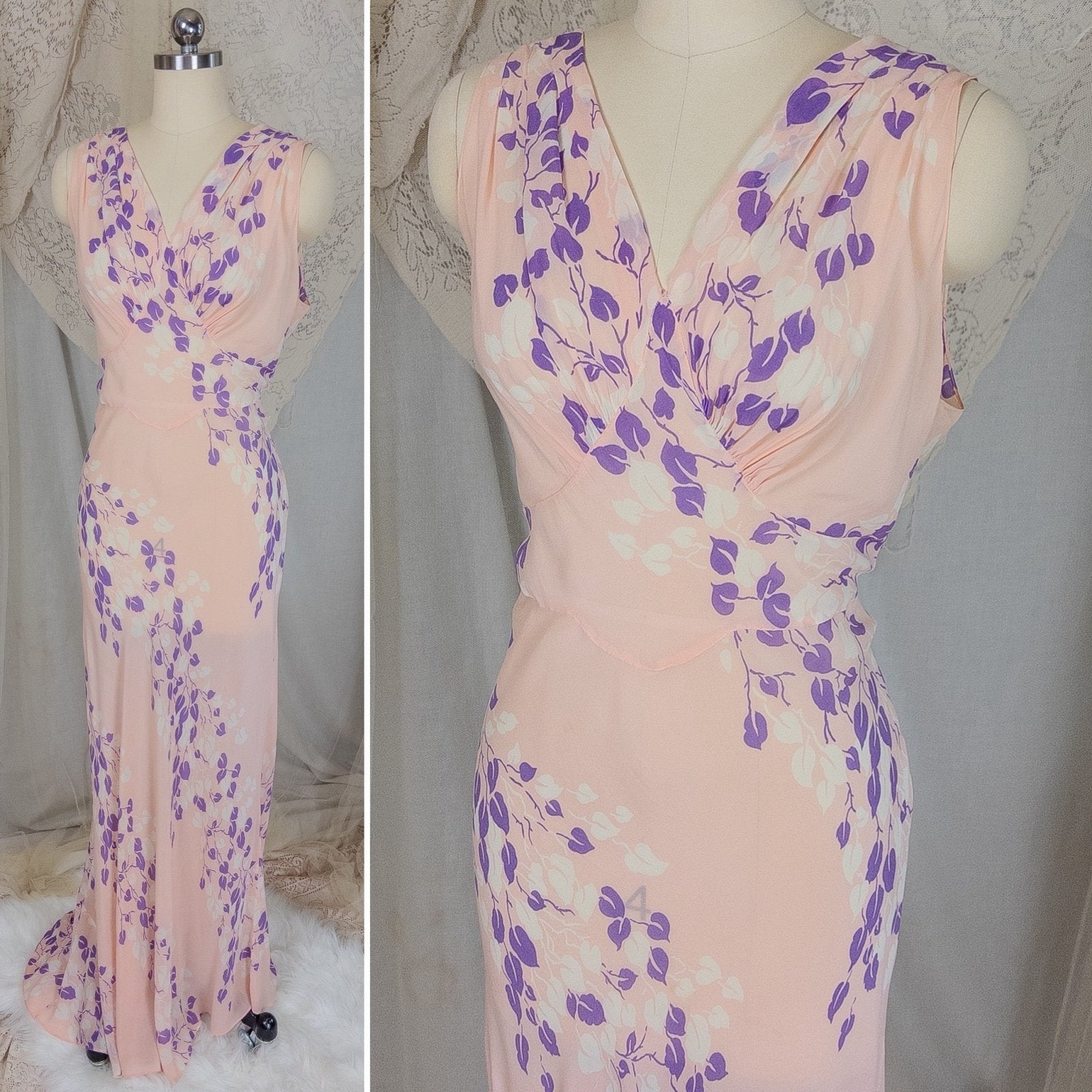 Vintage 1940's Nightgown - Sheer Baby Pink Rayon Chiffon with Violet & White Vine Print | XS, Small, Medium - Daggers & Dames