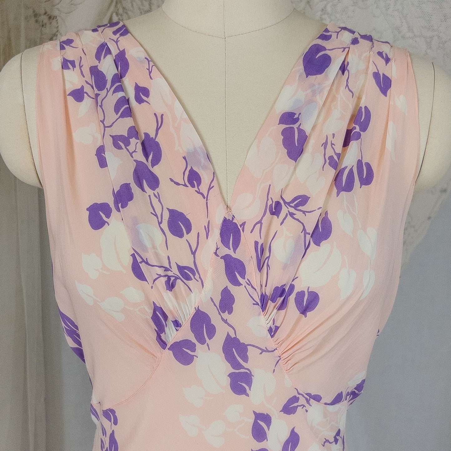 Vintage 1940's Nightgown - Sheer Baby Pink Rayon Chiffon with Violet & White Vine Print | XS, Small, Medium - Daggers & Dames