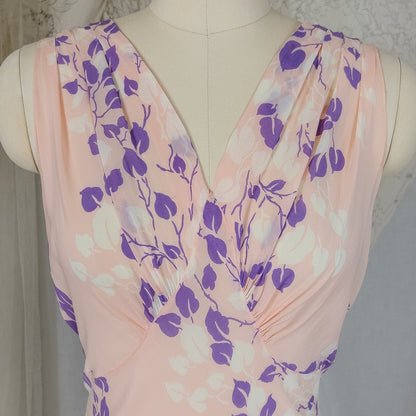 Vintage 1940's Nightgown - Sheer Baby Pink Rayon Chiffon with Violet & White Vine Print | XS, Small, Medium - Daggers & Dames