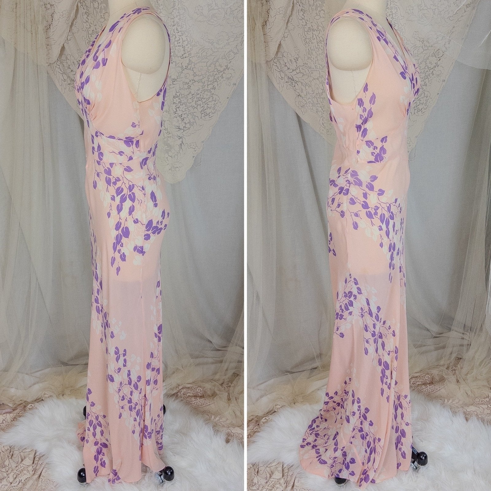 Vintage 1940's Nightgown - Sheer Baby Pink Rayon Chiffon with Violet & White Vine Print | XS, Small, Medium - Daggers & Dames